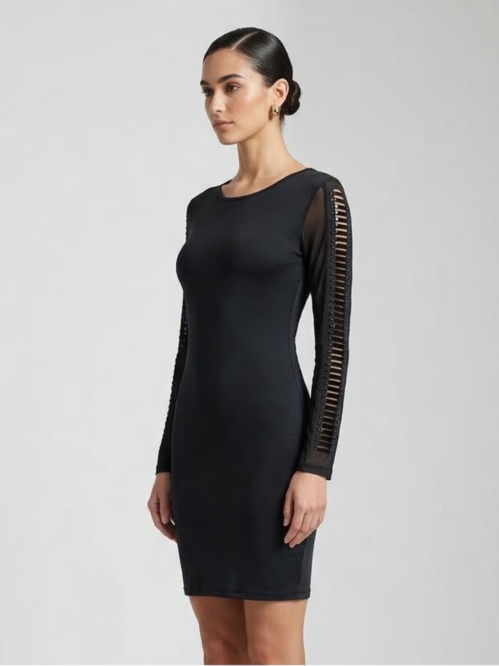 Foster One Edgy Black Sheer Mesh Long Sleeve Bodycon Dress Studded Sleeves L